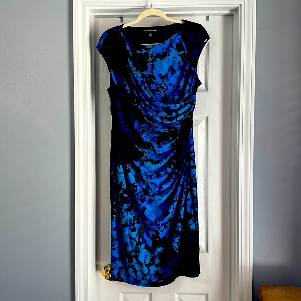 Navy blue with royal blue and light, blue floral dress, American living size 16
